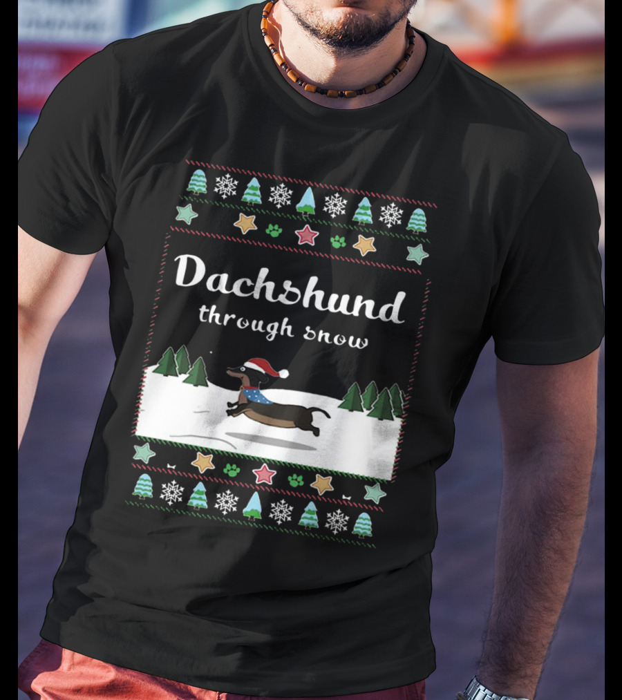 Dachshund Through Snow Christmas Sweater Style With Trees And Stars T-Shirt
