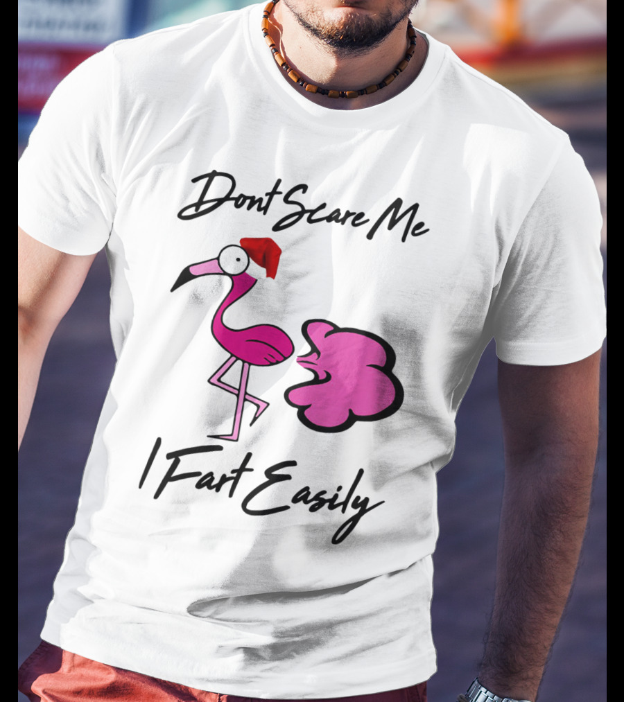 Dont Scare Me I Fart Easily Flamingo With Santa Hat T-Shirt