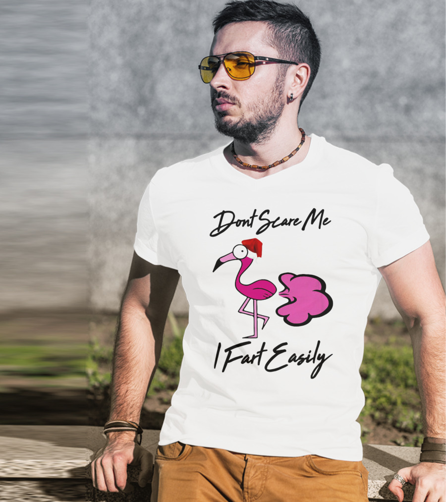 Dont Scare Me I Fart Easily Flamingo With Santa Hat T-Shirt