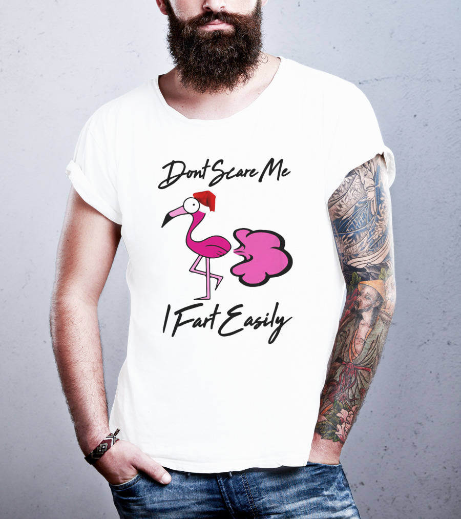 Dont Scare Me I Fart Easily Flamingo With Santa Hat T-Shirt