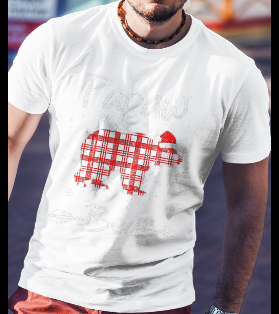 Papaw Bear Red Plaid Santa Hat Winter Holiday Plaid Bear T-Shirt