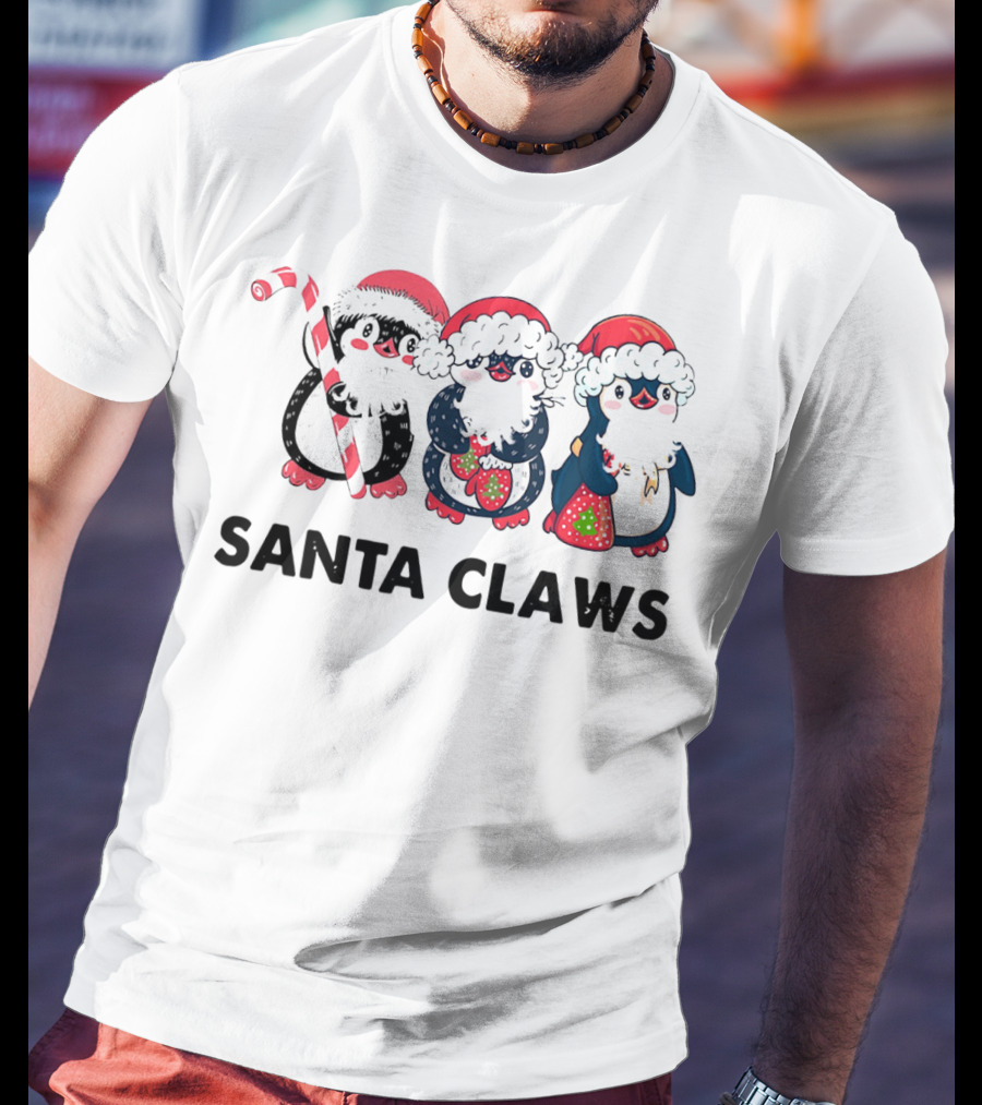 Santa Claws Penguins Holiday Trio With Santa Hats And Candy Cane T-Shirt