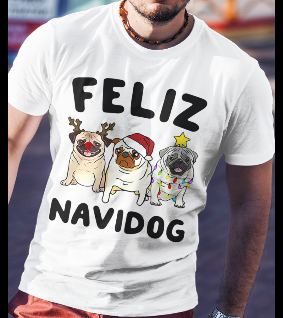 Feliz Navidog Pugs Christmas Reindeer Santa Lights T-Shirt