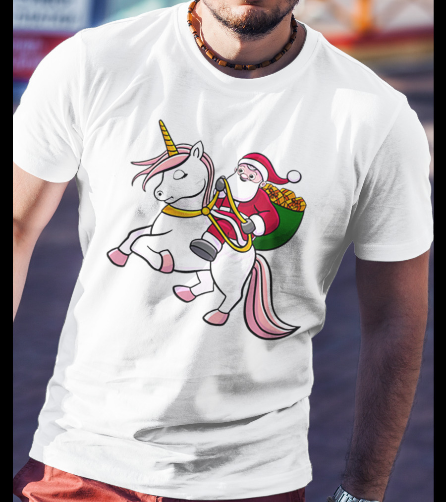 Santa Riding Unicorn With Sack Of Gifts For Cute Girls T-Shirt