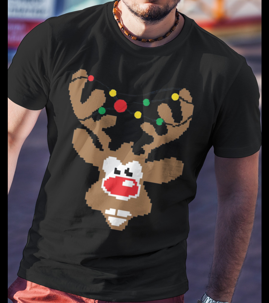Christmas Youth Pixel Reindeer With Colorful Lights T-Shirt