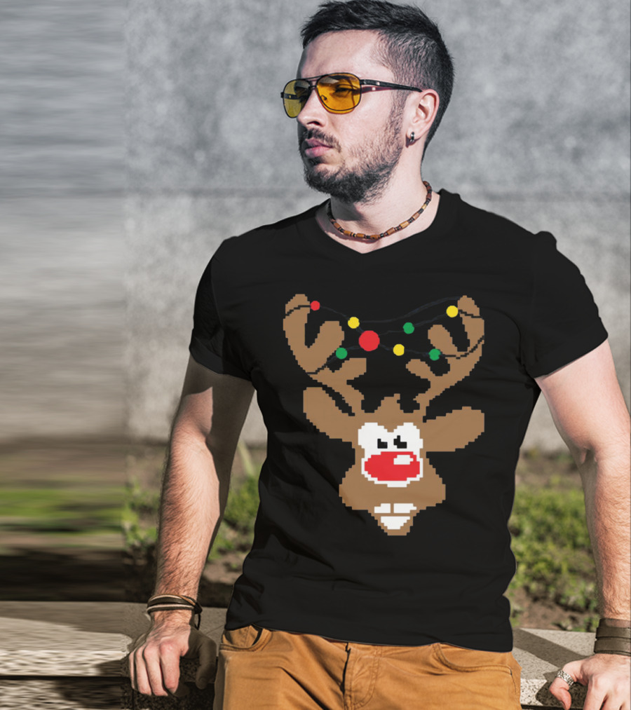 Christmas Youth Pixel Reindeer With Colorful Lights T-Shirt