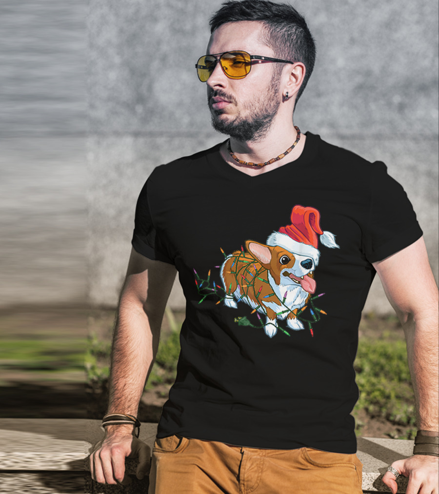 Corgi Christmas Lights Santa Hat T-Shirt