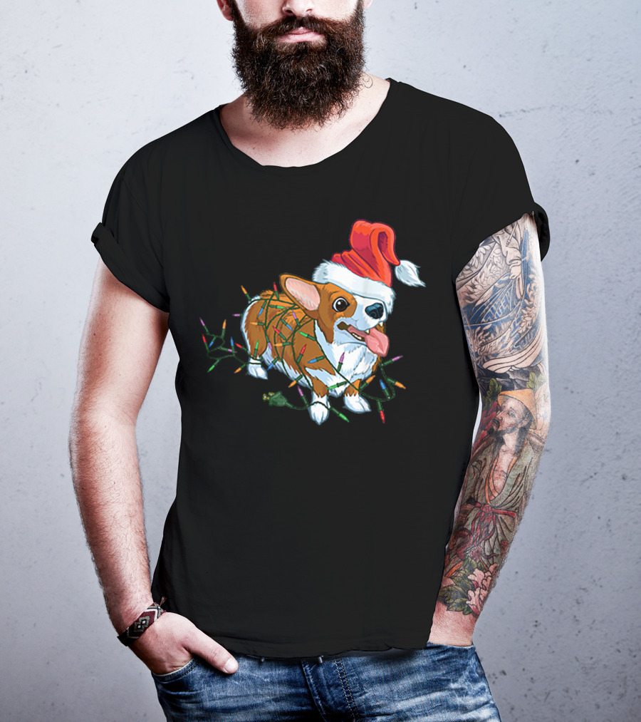Corgi Christmas Lights Santa Hat T-Shirt