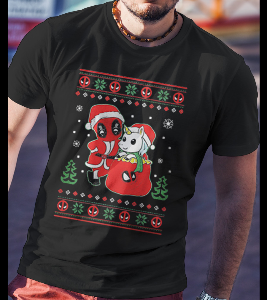Deadpool Santa With Unicorn Holiday T-Shirt