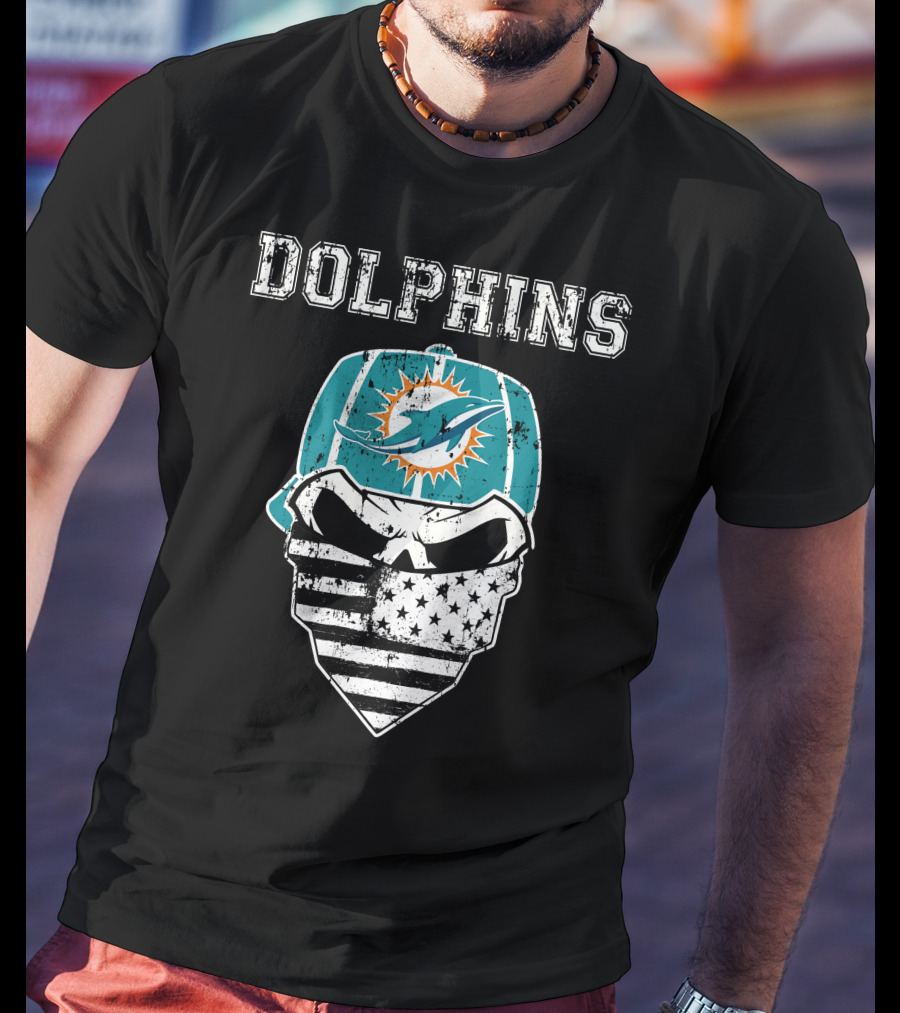 Dolphins Skull Bandana American Flag Miami Emblem T-Shirt