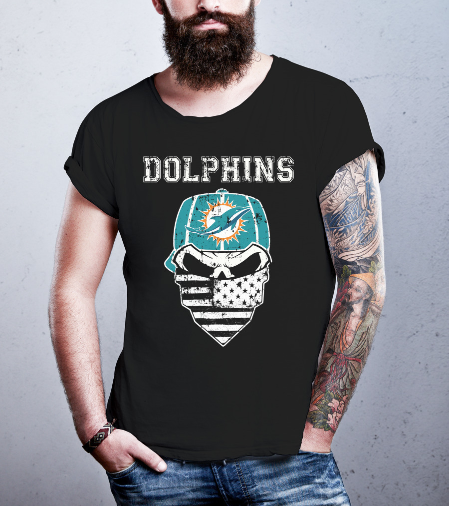 Dolphins Skull Bandana American Flag Miami Emblem T-Shirt