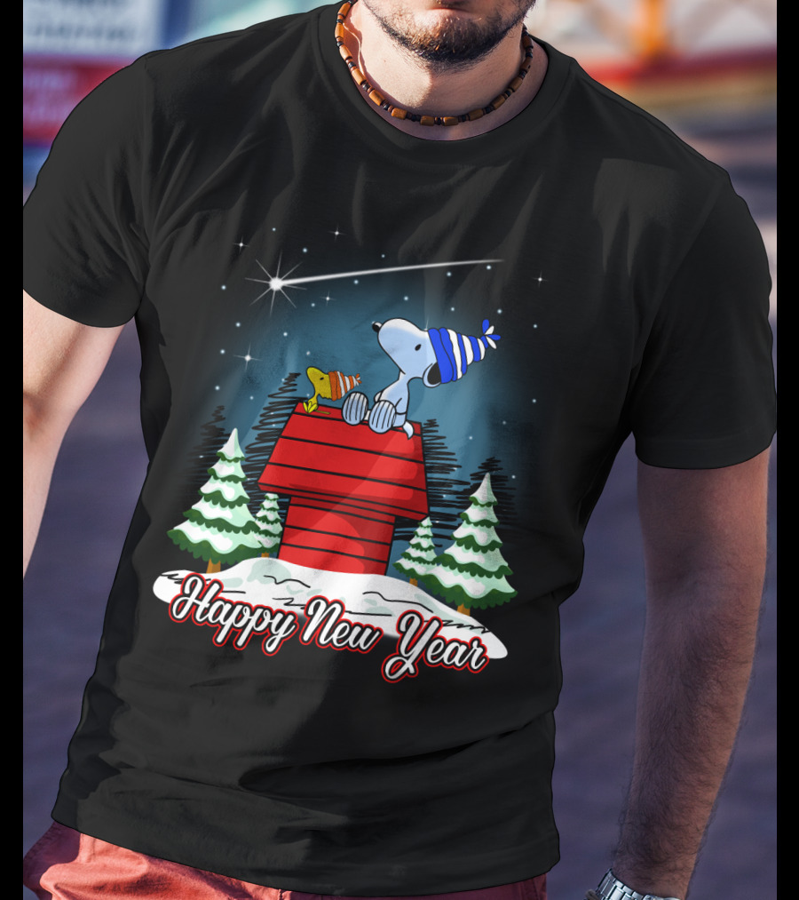 Snoopy Happy New Year With Woodstock On Doghouse Under Starry Sky T-Shirt