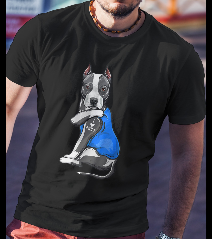 Pit Bull Dog I Love Mom Tattoo Blue T-Shirt