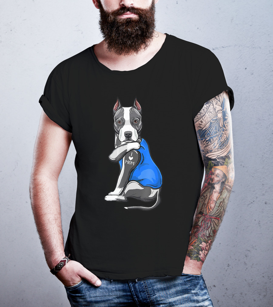 Pit Bull Dog I Love Mom Tattoo Blue T-Shirt
