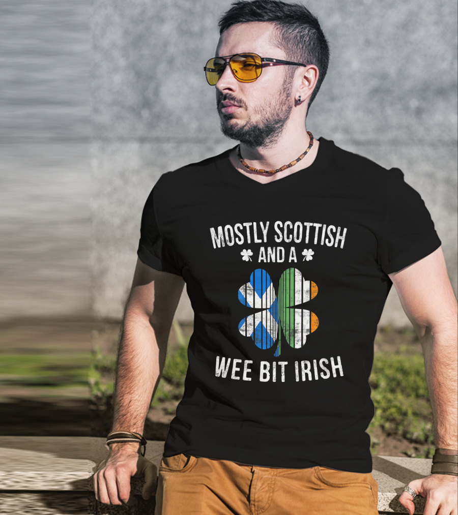 Mostly Scottish And A Wee Bit Irish St Patrick's Day Shamrock Flag T-Shirt