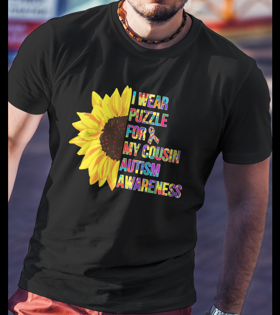I Wear Puzzle For My Cousin Autism Awareness Sunflower T-Shirt
