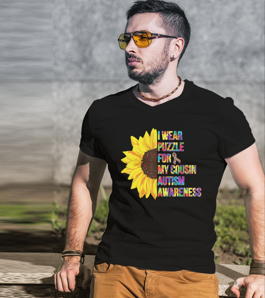 I Wear Puzzle For My Cousin Autism Awareness Sunflower T-Shirt