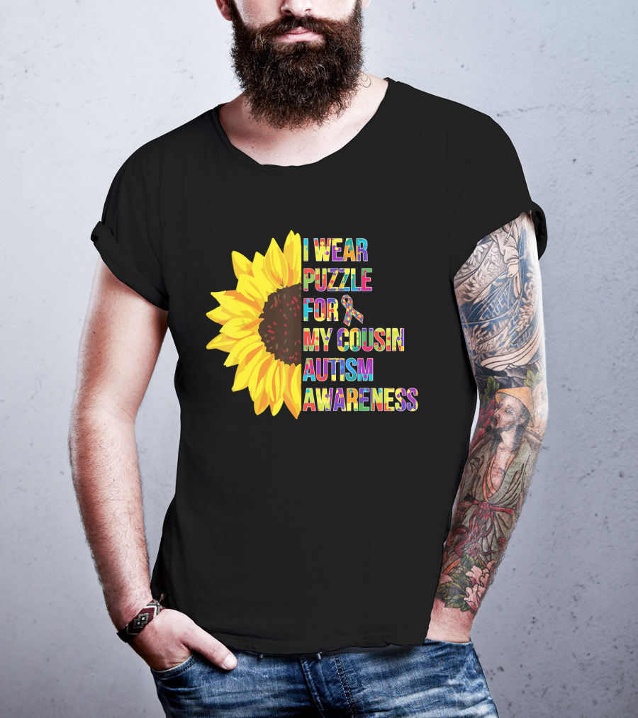 I Wear Puzzle For My Cousin Autism Awareness Sunflower T-Shirt