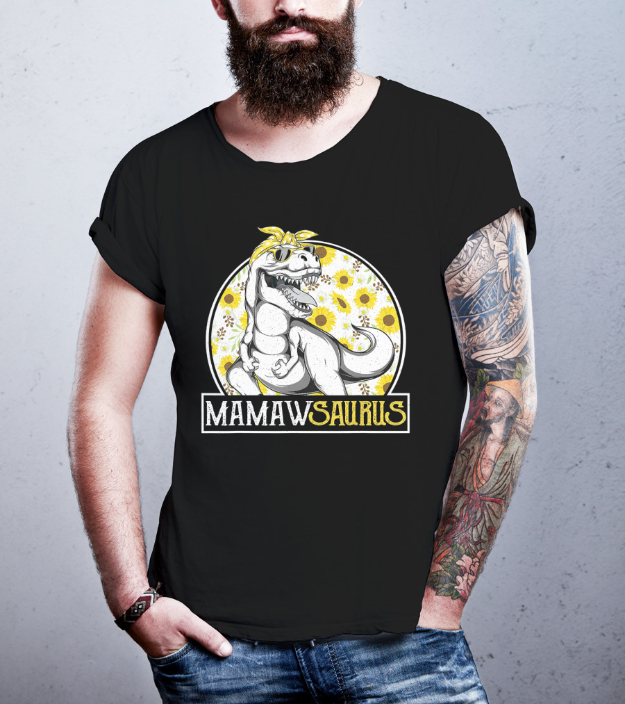 Mamaw Saurus Sunflower Dinosaur Grandma Fun Retro T-Rex T-Shirt
