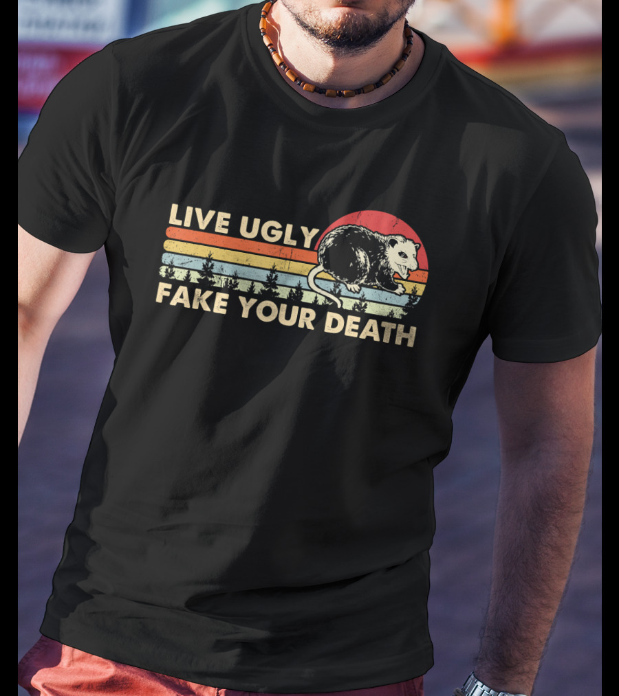 Live Ugly Fake Your Death Opossum Vintage Sunset Forest Retro T-Shirt