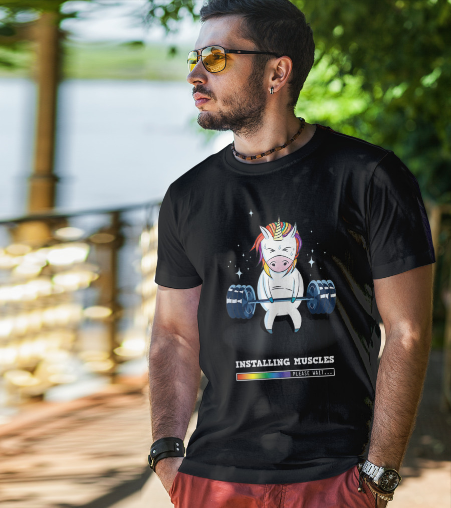 Installing Muscles Please Wait Weightlifting Unicorn Fitness T-Shirt
