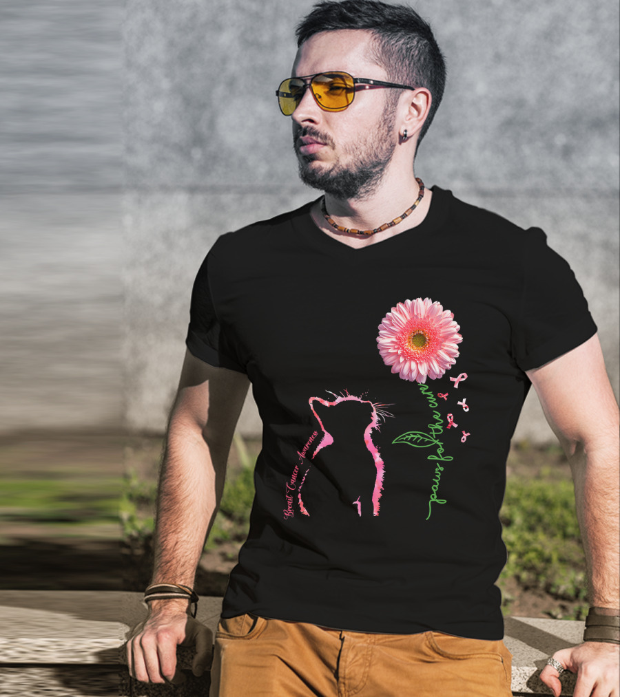 Paws For The Cure Breast Cancer Awareness Cat Pink Flower T-Shirt