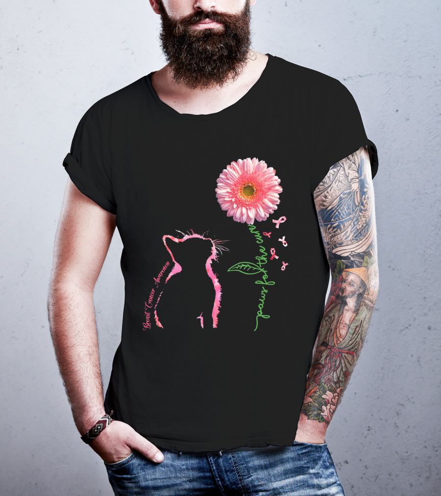 Paws For The Cure Breast Cancer Awareness Cat Pink Flower T-Shirt