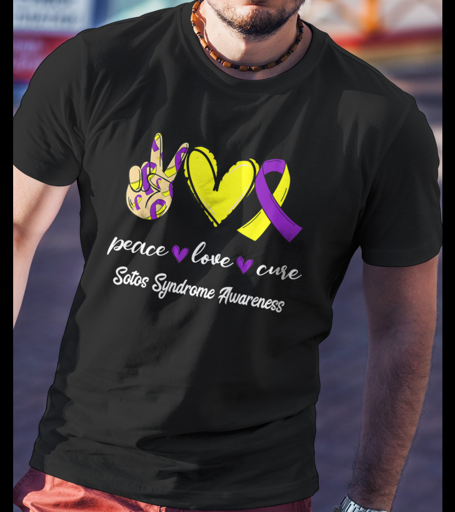 Peace Love Cure Yellow Heart Purple Ribbon Sotos Syndrome Awareness T-Shirt