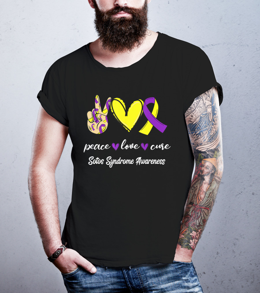 Peace Love Cure Yellow Heart Purple Ribbon Sotos Syndrome Awareness T-Shirt