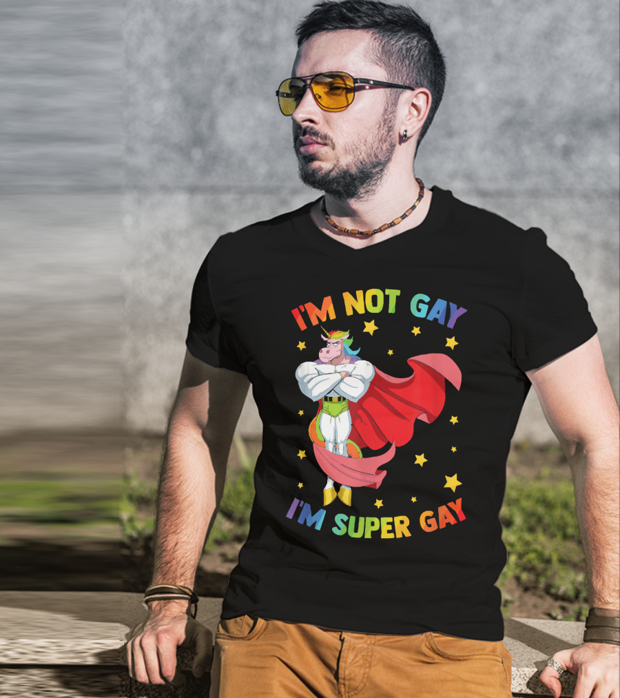 I'm Not Gay I'm Super Gay Colorful Unicorn With Cape And Stars T-Shirt