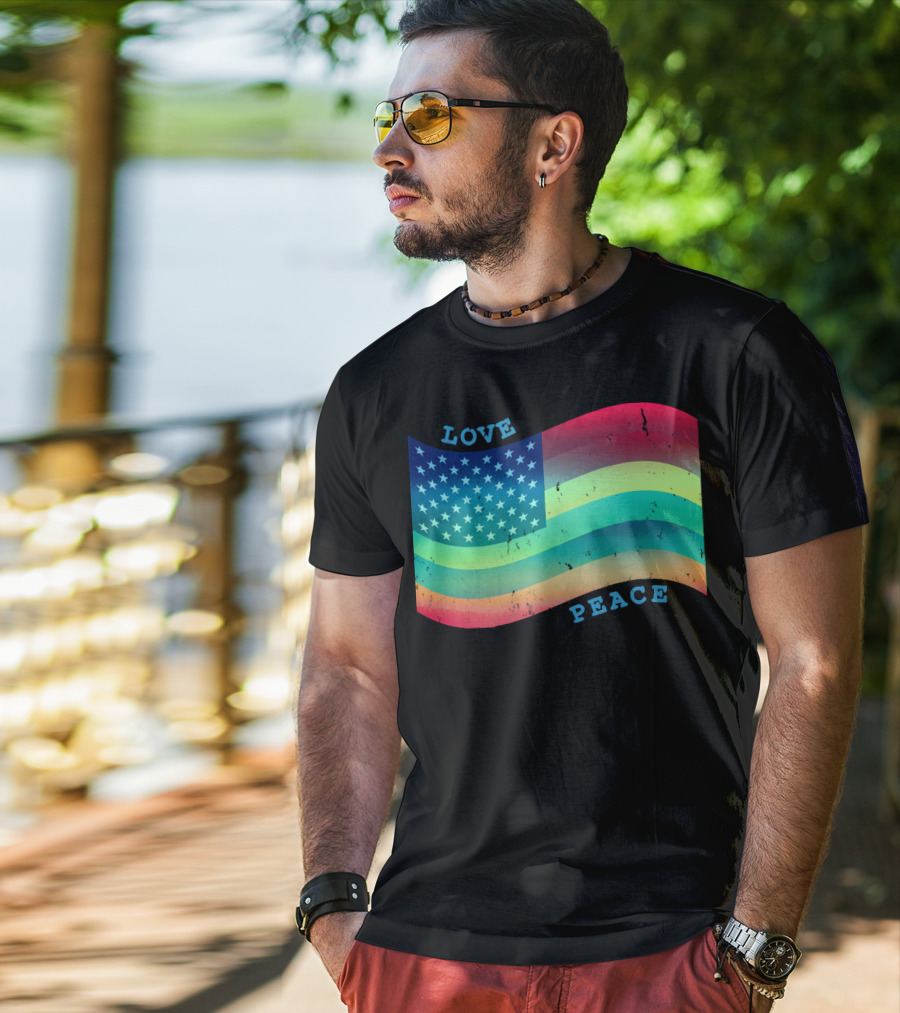 Love Peace Pride Rainbow American Flag T-Shirt