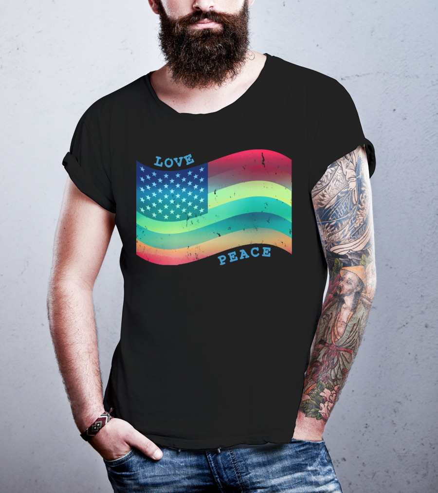Love Peace Pride Rainbow American Flag T-Shirt