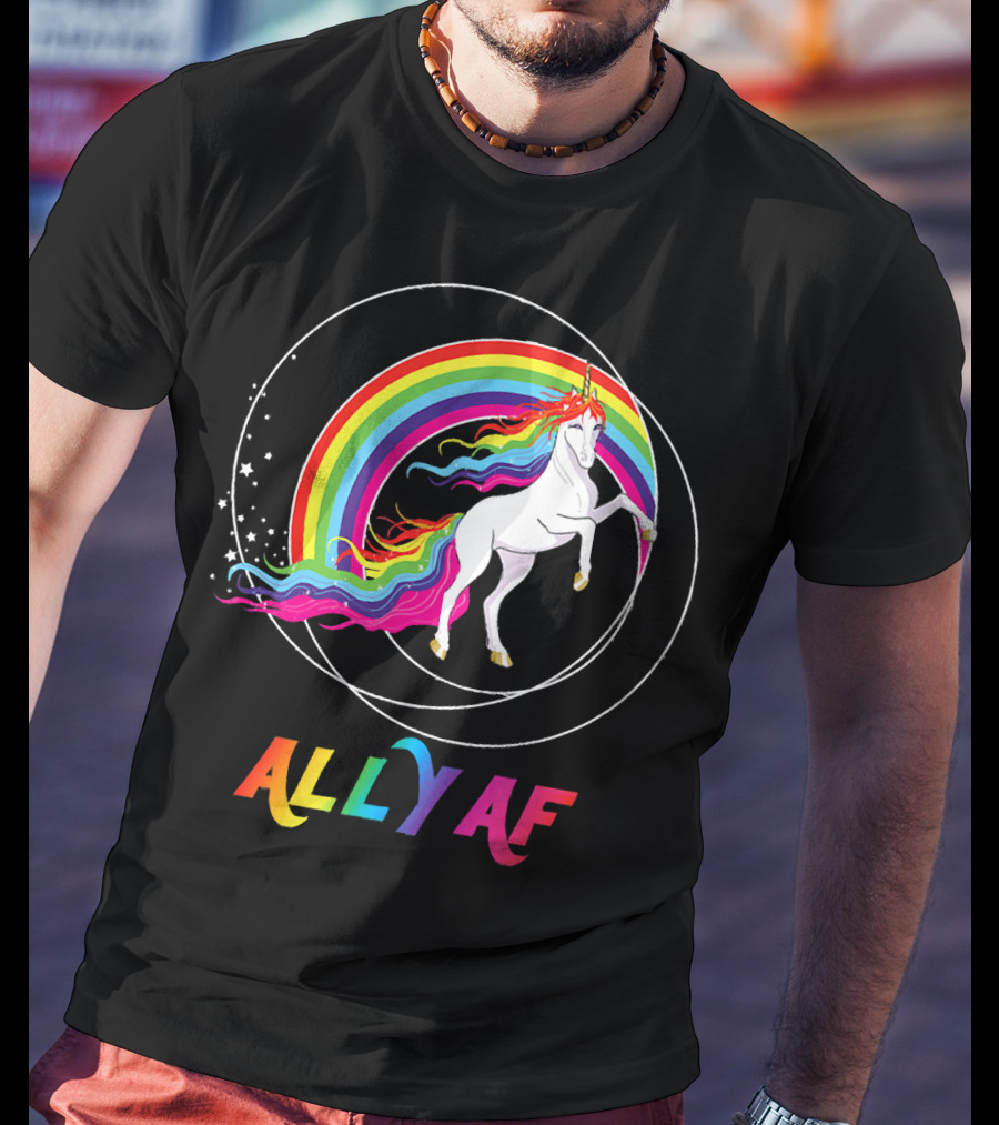 Rainbow Pride Ally AF Unicorn With Rainbow Pride Flag Colors T-Shirt