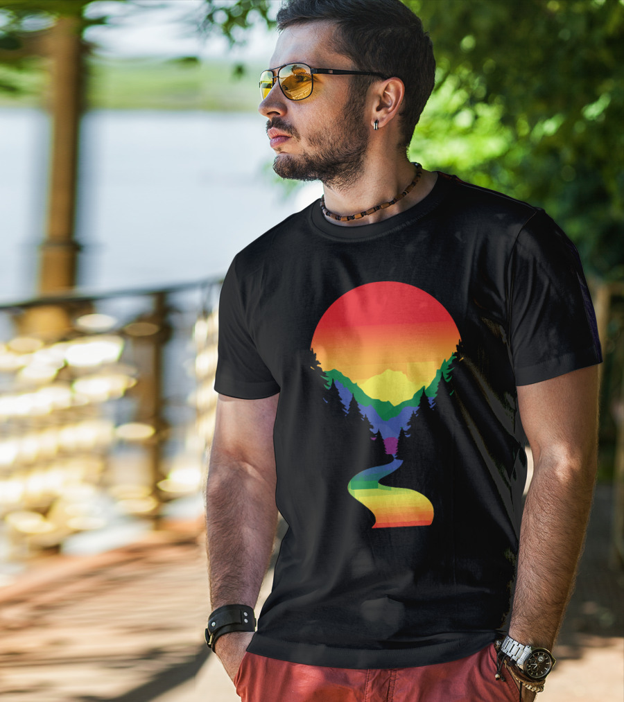 Rainbow Pride Sunset Silhouette Mountains Forest Pathway T-Shirt