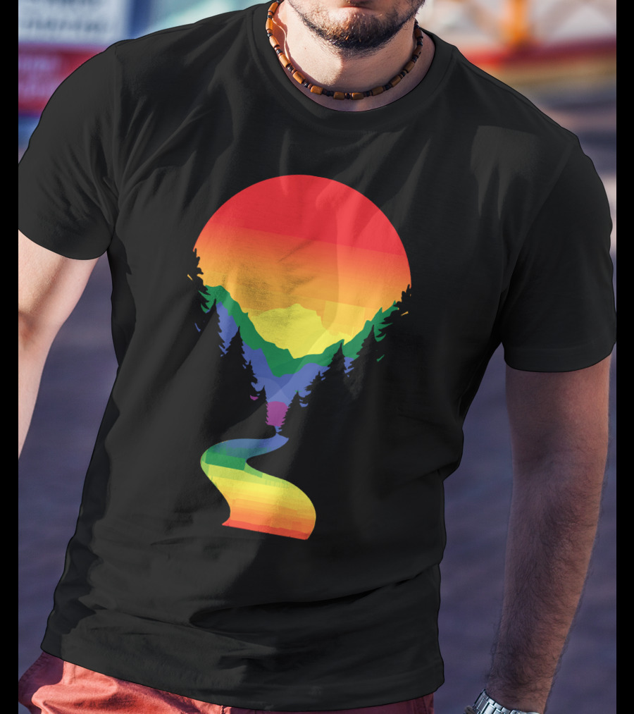 Rainbow Pride Sunset Silhouette Mountains Forest Pathway T-Shirt