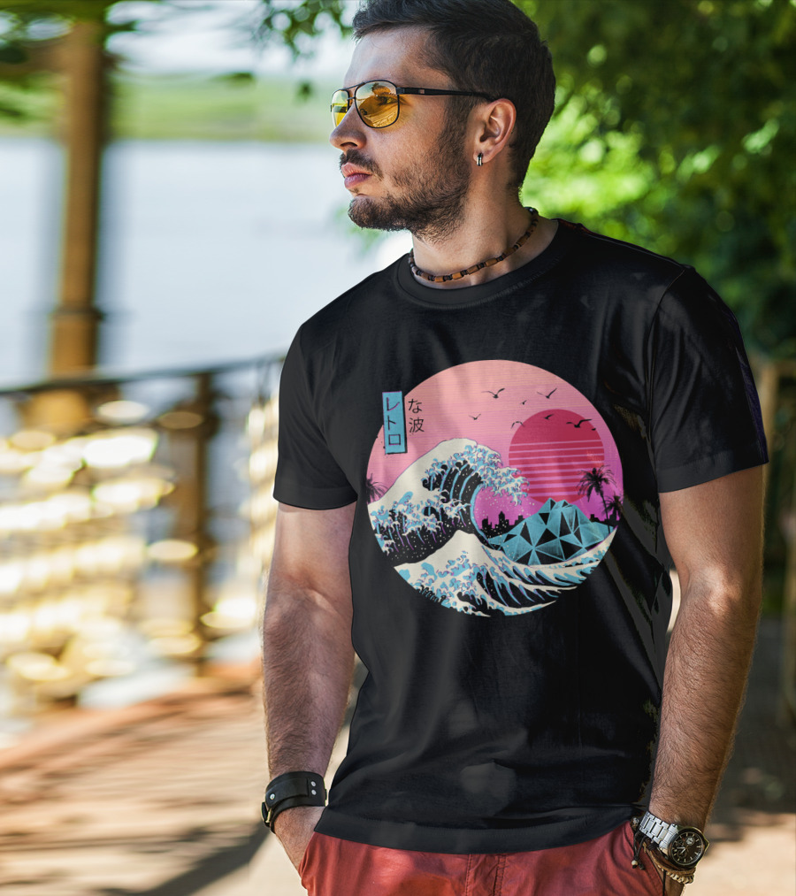 Retro Wave: The Great Sunset Surf With Palm Trees And Geometric Mountains T-Shirt
