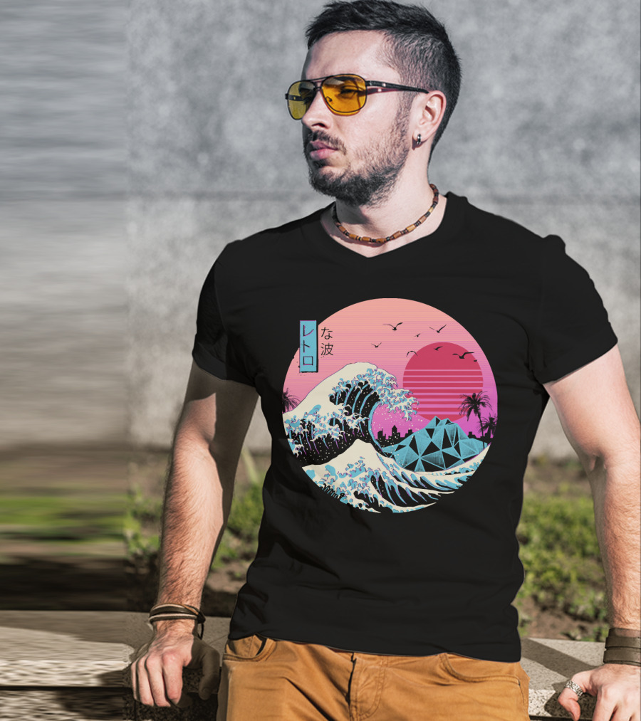 Retro Wave: The Great Sunset Surf With Palm Trees And Geometric Mountains T-Shirt
