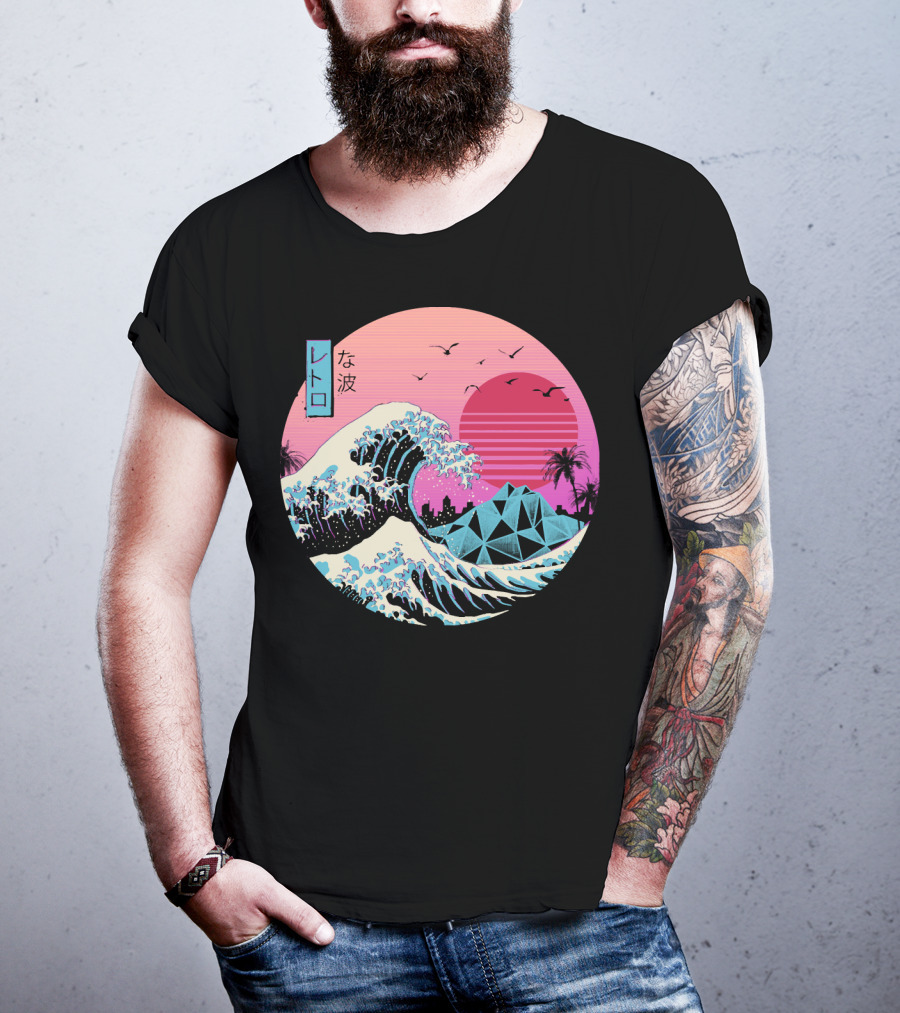 Retro Wave: The Great Sunset Surf With Palm Trees And Geometric Mountains T-Shirt