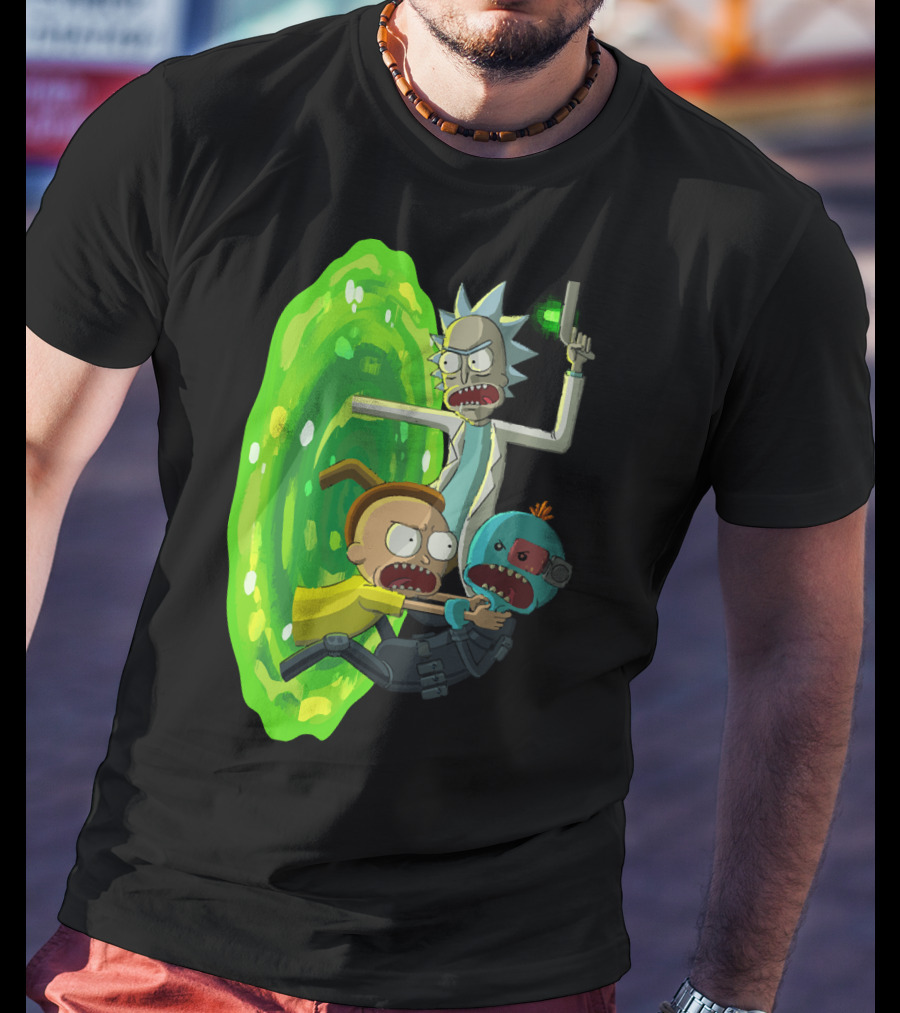 Rick And Morty Portal Escape With Meeseeks Cyborg Adventure T-Shirt