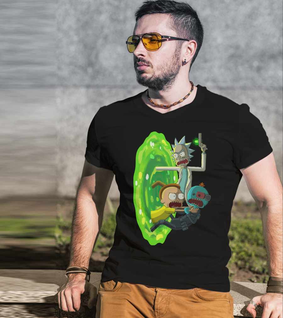 Rick And Morty Portal Escape With Meeseeks Cyborg Adventure T-Shirt