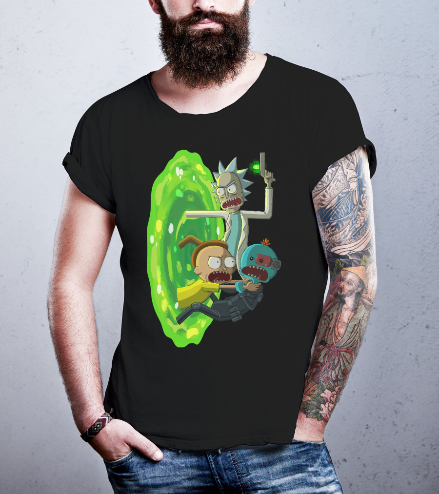 Rick And Morty Portal Escape With Meeseeks Cyborg Adventure T-Shirt