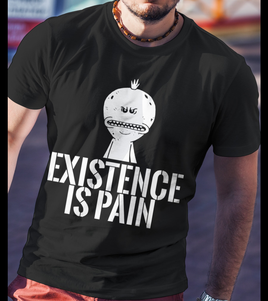Existence Is Pain Mr. Meeseeks Character Image White Ink T-Shirt