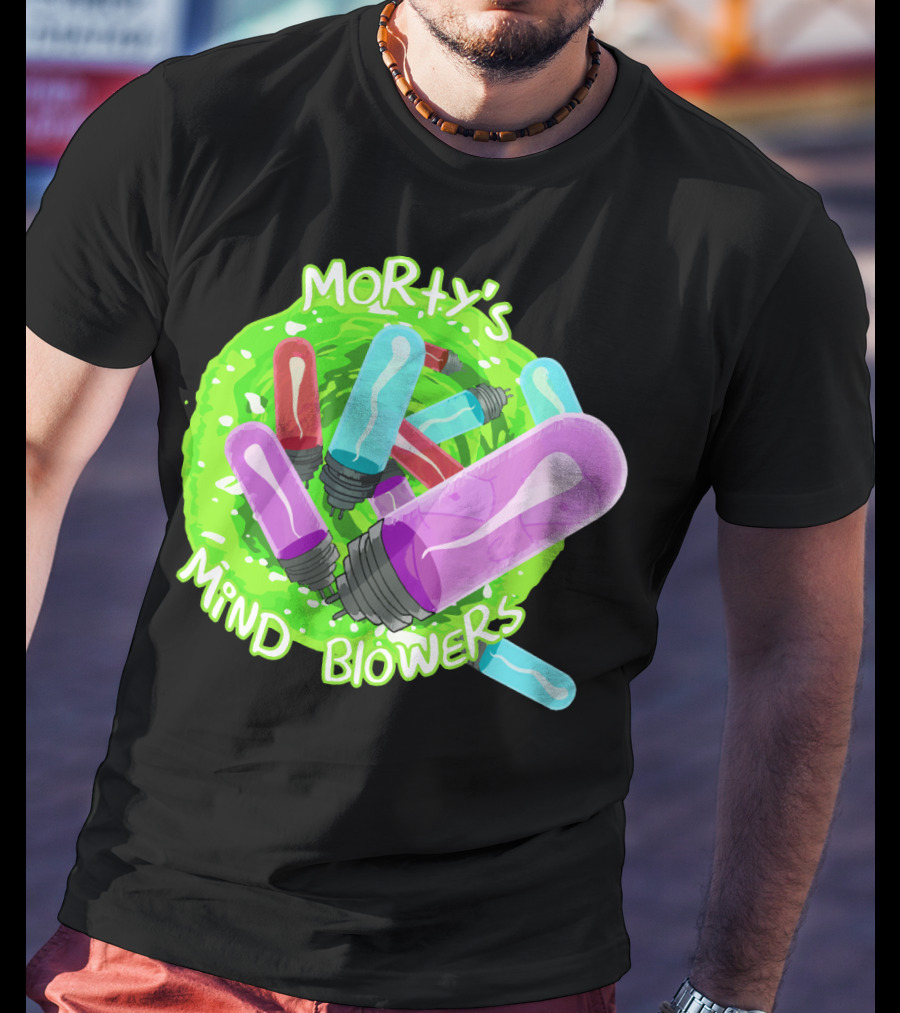 Morty's Mind Blowers Colorful Vials In Green Portal T-Shirt