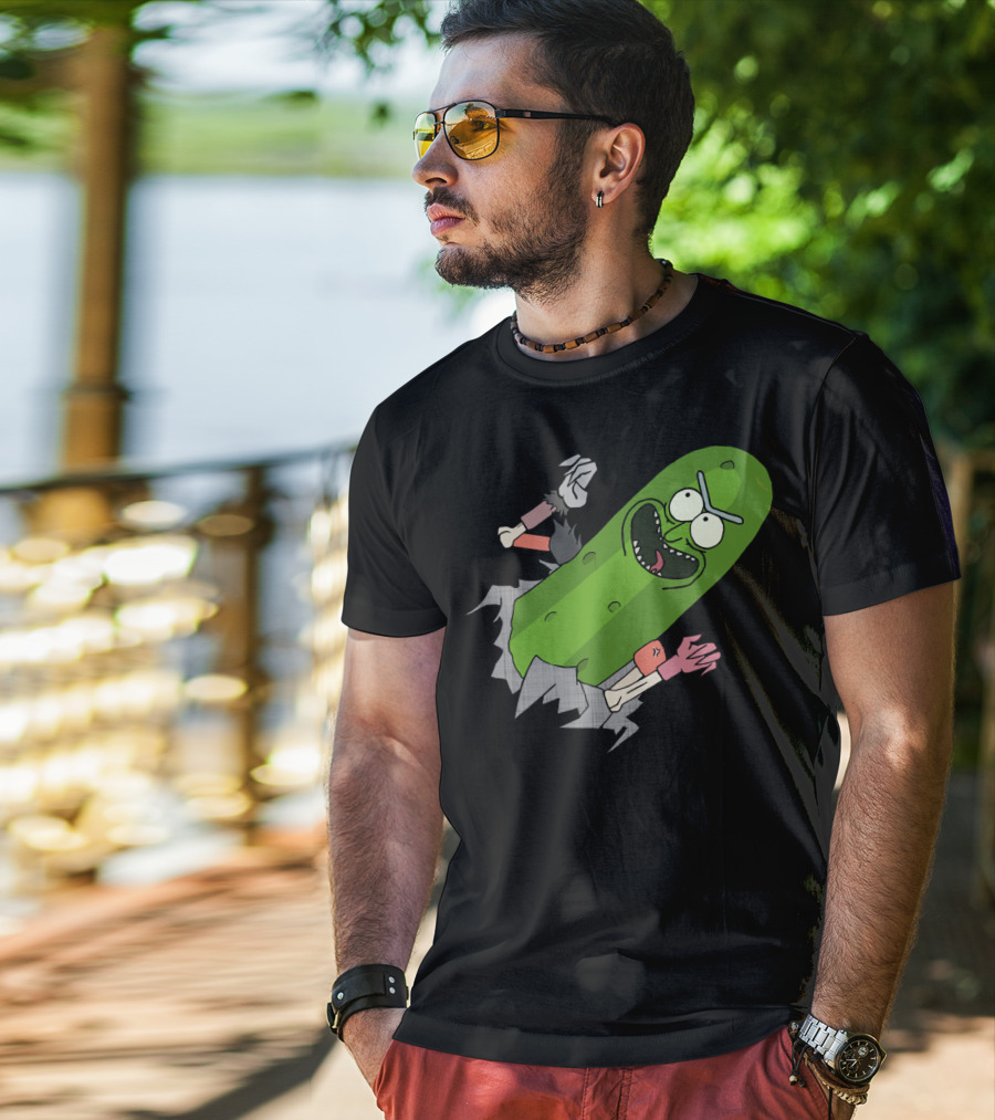 Pickle Rick Breaking Through Punching Action T-Shirt