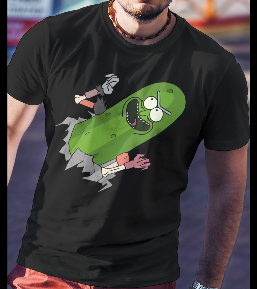 Pickle Rick Breaking Through Punching Action T-Shirt