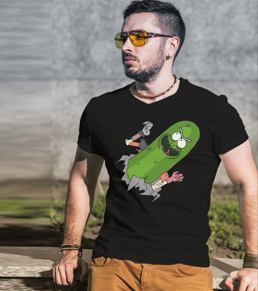 Pickle Rick Breaking Through Punching Action T-Shirt