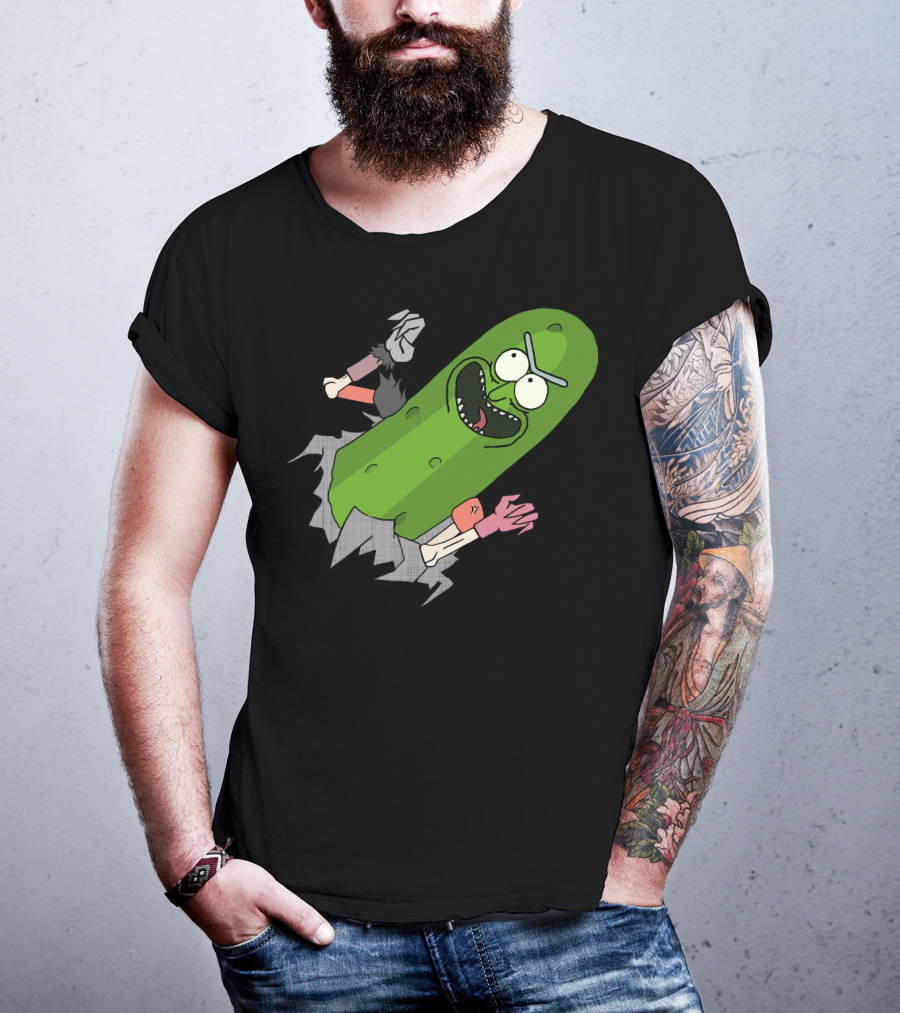Pickle Rick Breaking Through Punching Action T-Shirt
