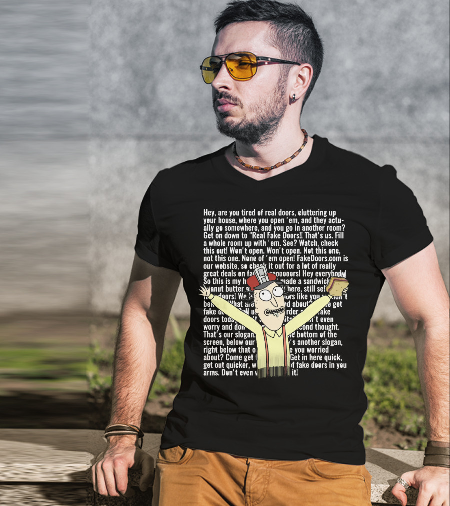 Real Fake Doors Funny Long Text Character Illustration With Sandwich T-Shirt