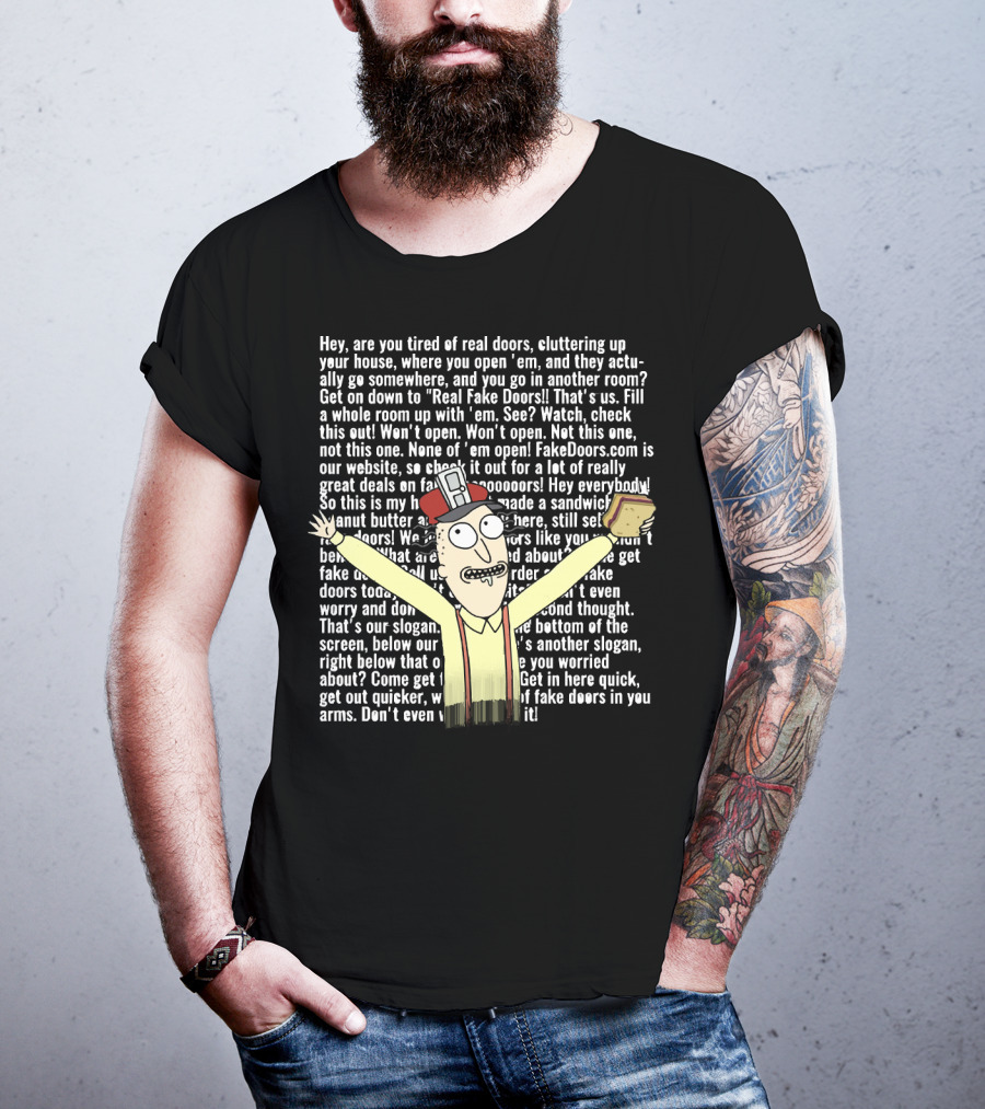 Real Fake Doors Funny Long Text Character Illustration With Sandwich T-Shirt