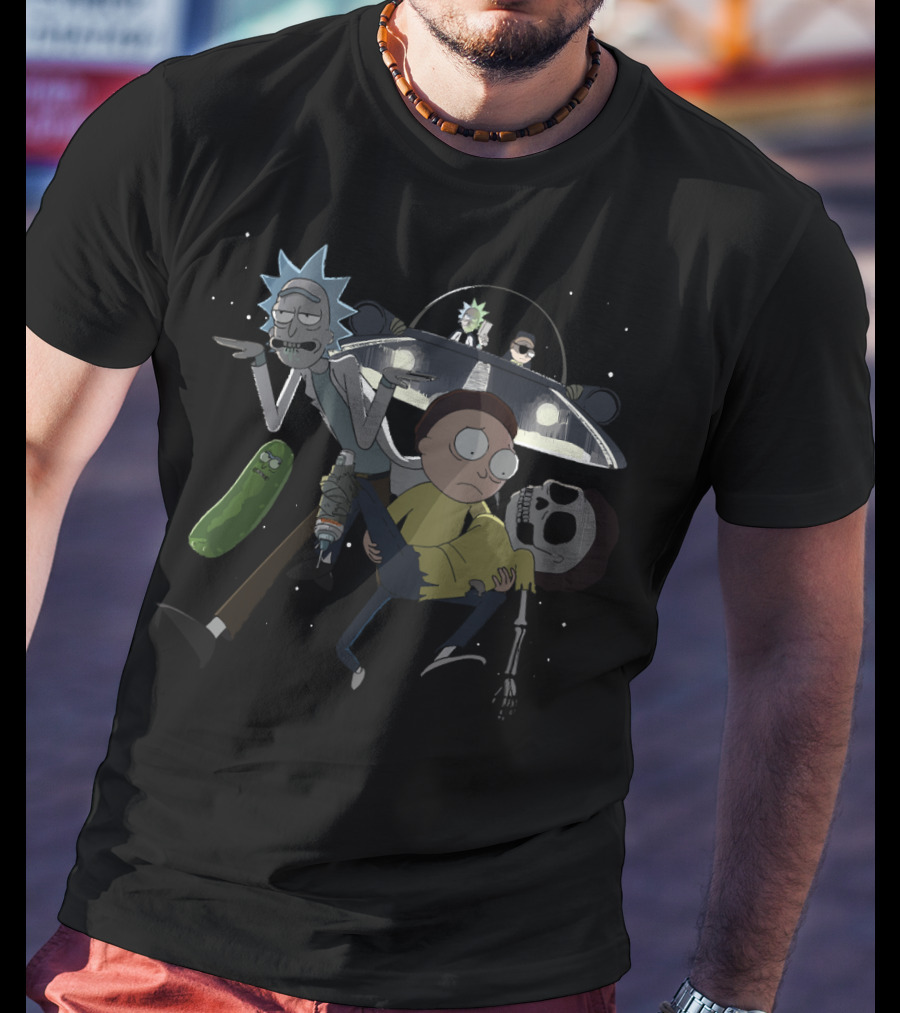 Pickle Rick And Morty Spaceship Adventure With Skeleton Rick And Morty T-Shirt